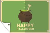 'Happy Halloween' en een heksenketel en bot op een groene achtergrond tuinposter los doek 120x80 cm - Tuindoek / Buitencanvas / Schilderijen voor buiten (tuin decoratie)