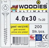Woodies schroeven 4.0x30 geelverzinkt T-20 deeldraad 200 stuks