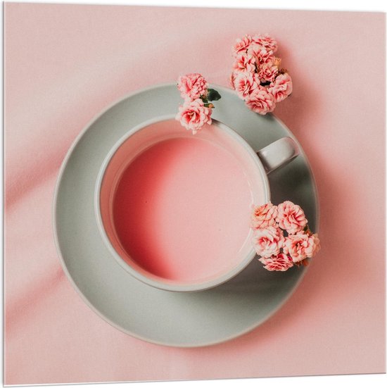 Acrylglas - Roze Tafelkleed, Drank en bloemetjes - 100x100cm Foto op Acrylglas (Met Ophangsysteem)