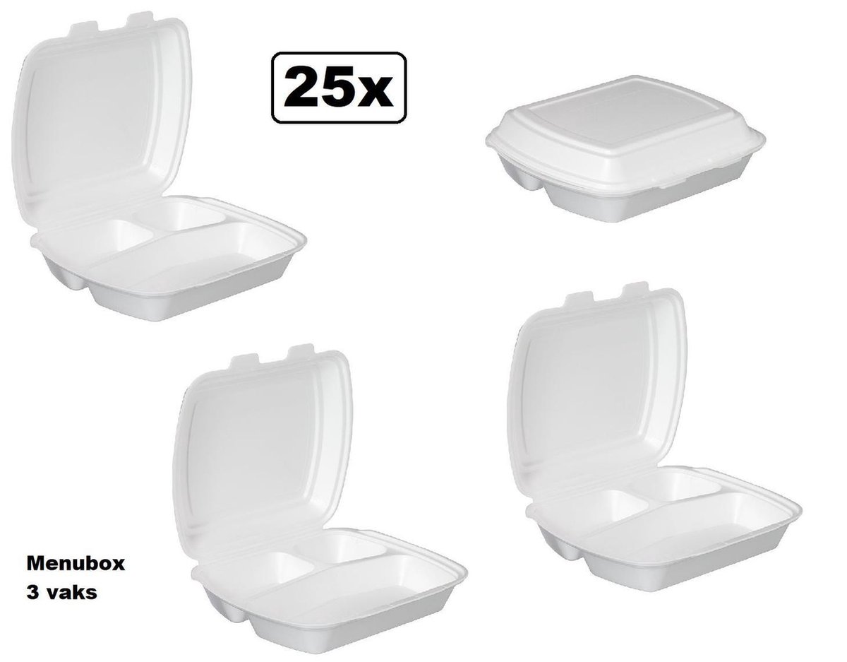 25x Menubox 3 vaks wit - take away maaltijd bezorging eten food bak vakken maaltijdbox menu afhaal