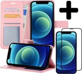 Hoes voor iPhone 12 Pro Hoesje Book Case Met Screenprotector Full Cover 3D Tempered Glass - Hoes voor iPhone 12 Pro Hoes Wallet Cover Met 3D Screenprotector - Licht Roze