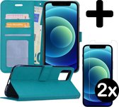 Hoes voor iPhone 12 Pro Max Hoesje Book Case Met 2x Screenprotector Tempered Glass - Hoes voor iPhone 12 Pro Max Hoes Wallet Cover Met 2x Screenprotector - Turquoise