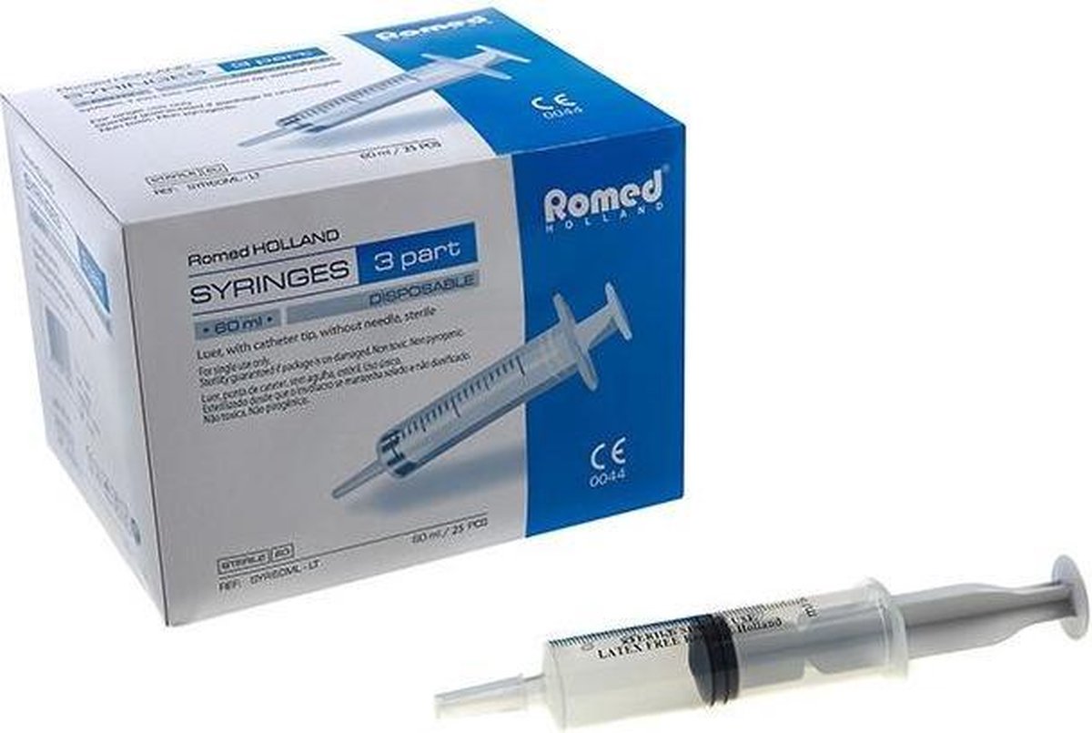 Goedkoopste Romed 3-delige injectiespuiten 60ml lange tip 25 stuks Romed - Steriel verpakt