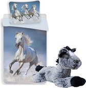 Dekbedovertrek Witte Paarden , 1persoons, 140x200, incl. lieve paarden knuffel - 32 cm -grijs/zwart .