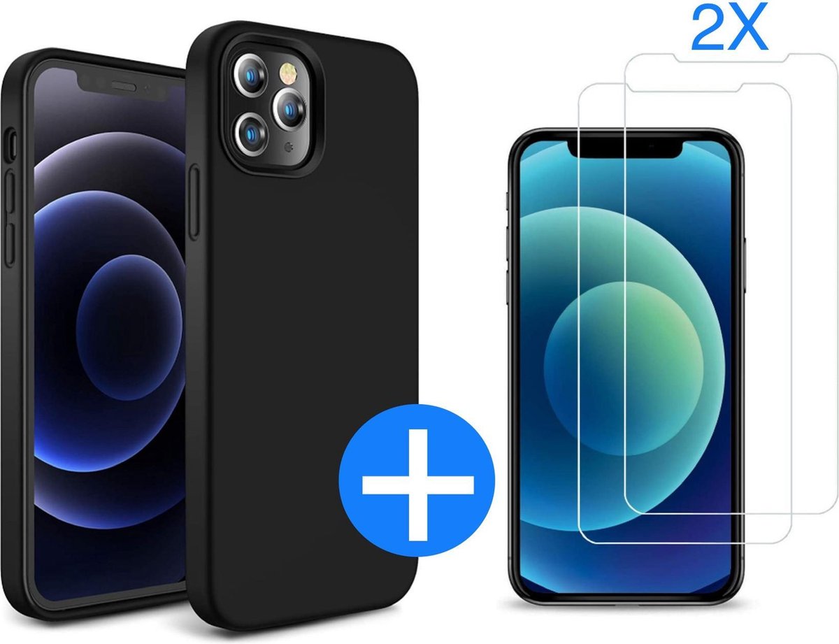 iPhone 12 Pro Max Hoesje Zwart - iphone 12 pro max hoesje zwart - iphone 12 pro max siliconen Hoesje Case Back Cover - 2x iPhone 12 Pro Max Screenprotector Tempered