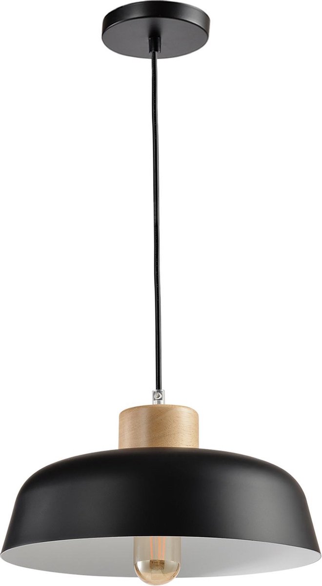 QUVIO Hanglamp Scandinavisch / Plafondlamp / Sfeerlamp / Leeslamp / Eettafellamp / Verlichting / Slaapkamer lamp / Slaapkamer verlichting / Keukenverlichting / Keukenlamp - Rond van metaal en hout - Diameter 30 cm - Zwart en bruin