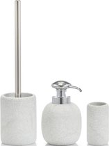 Grijze badkamer/toilet set 3-delig gestreept relief - Badkameraccessoire set - Badkamerset - Beker - Zeeppomp - Toiletborstel