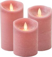 Set van 3x stuks Antiek Roze LED kaarsen met bewegende vlam - Sfeer stompkaarsen voor binnen