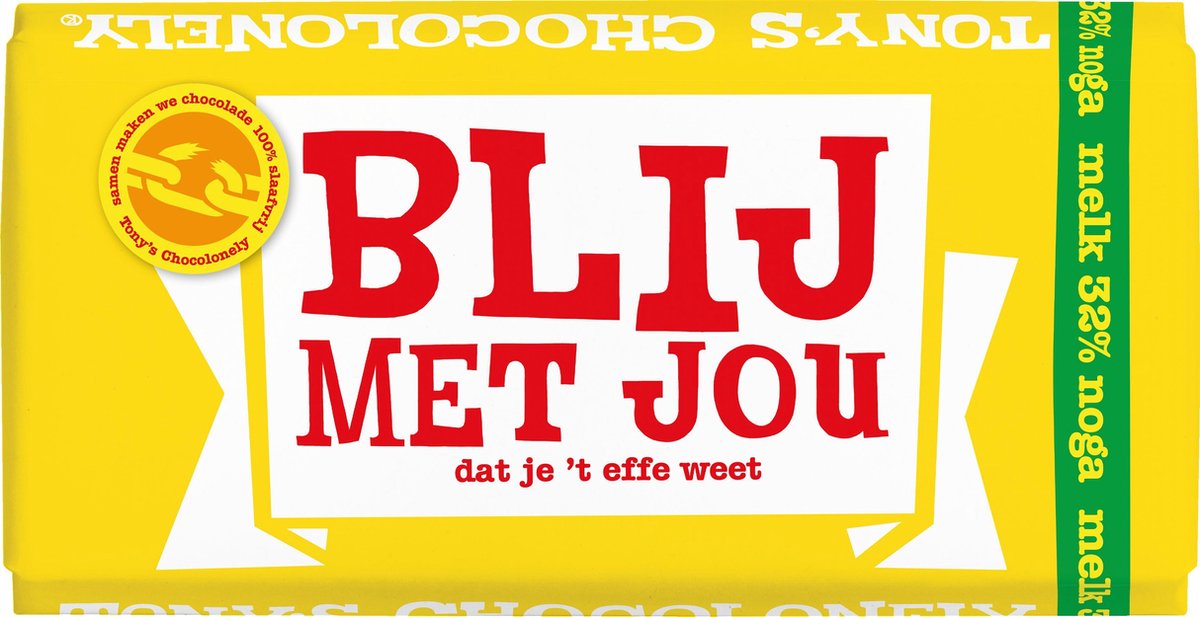 "Tony's Chocolonely Melk Noga - Zeg 't met een reep ""Blij met jou""- Chocoladereep - 180 gram"