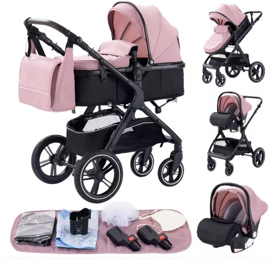 Poussette rose avec détails noirs, y compris sac de transport et accessoires. Ensemble comprenant une poussette, un siège auto et des accessoires.