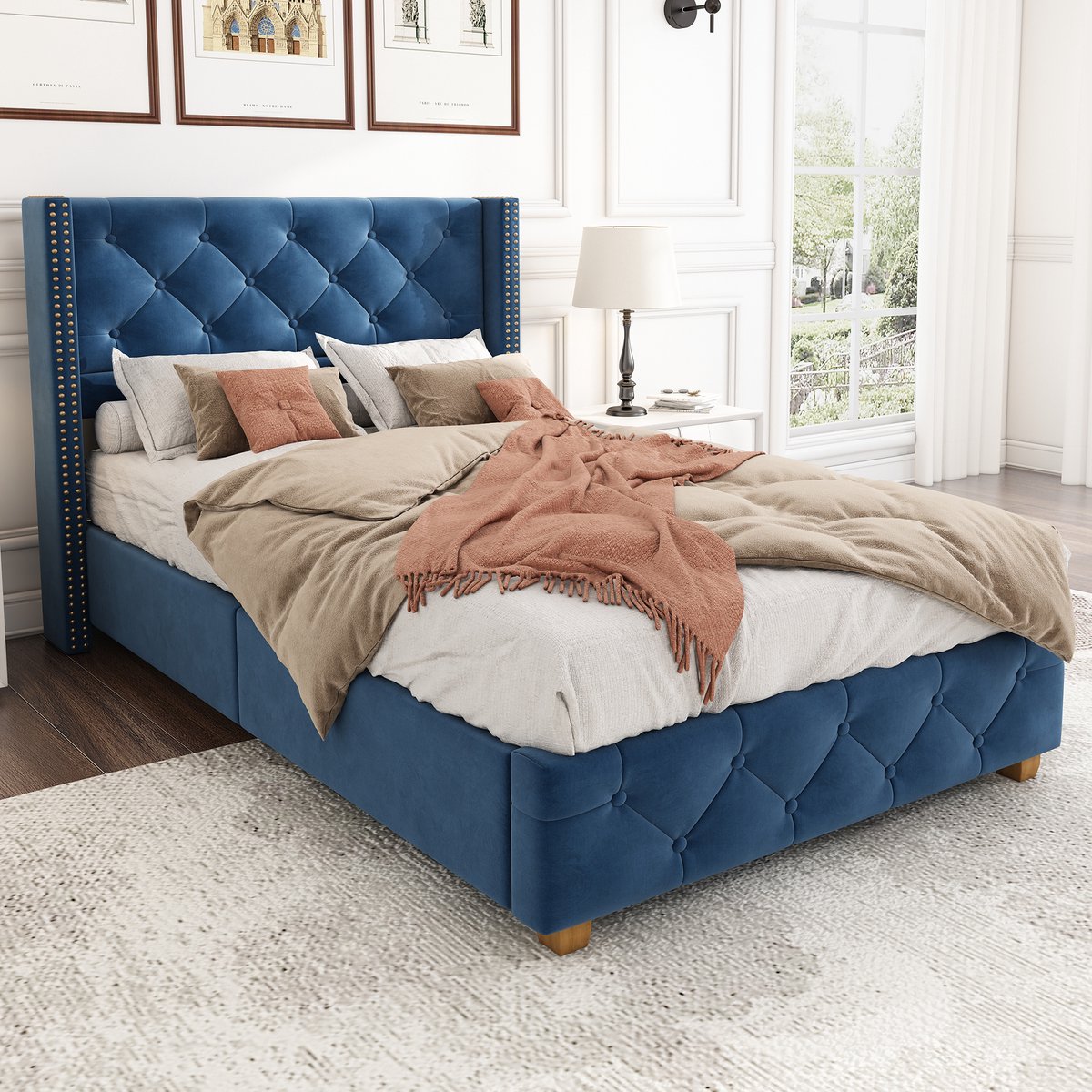 KOMHTOM BLACKCOLORS Gestoffeerd bed 90*200 cm met lattenbodem en hoofdeinde, knopenbekleding, klinknagelbekleding, houten poten, fluweel, blauw