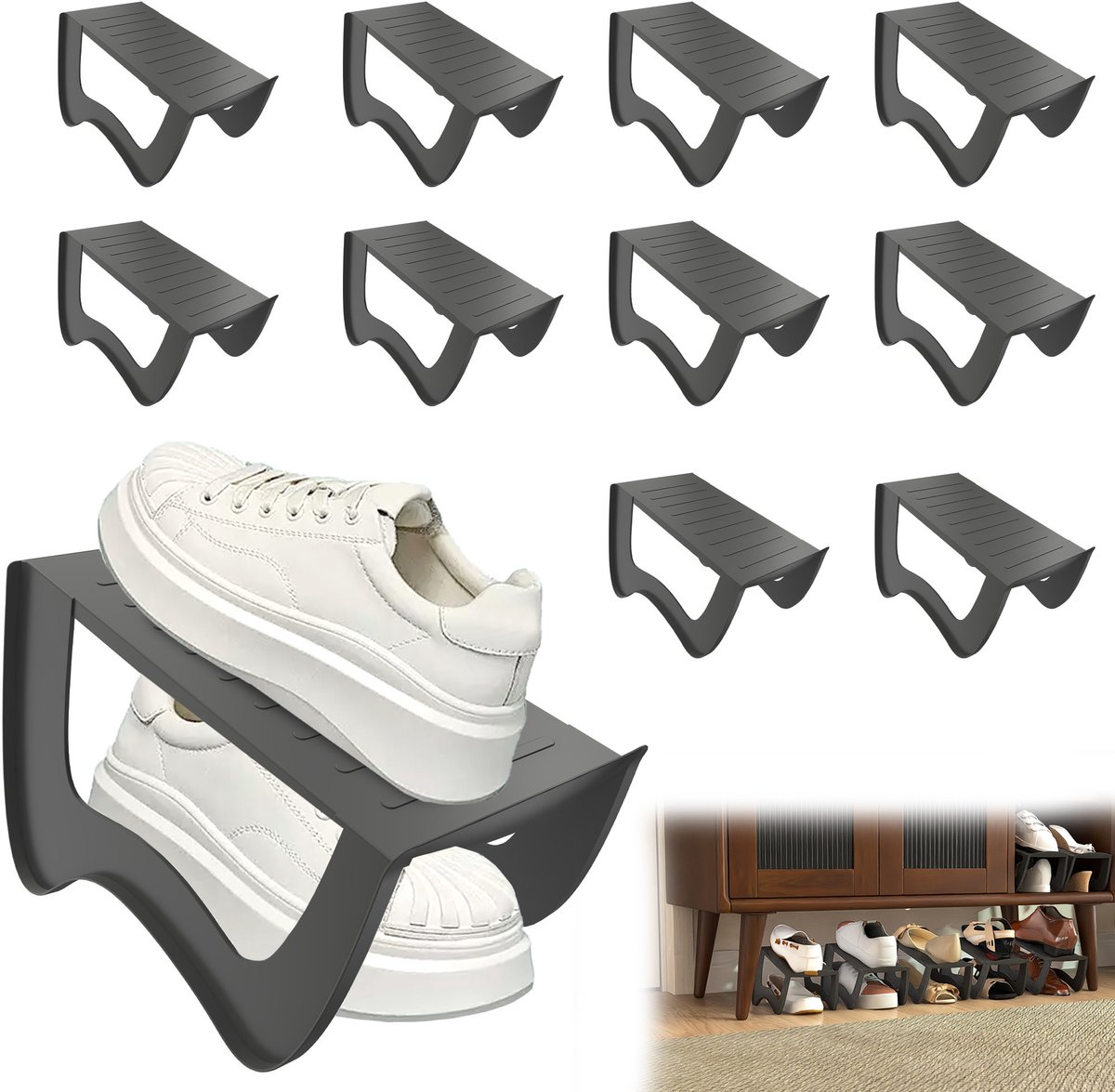 10x Antislip Schoenregalen Schoenuitsparingen Organisator Voor Kast Schoenhouder Stapelbaar Schoenorganisator Dubbellaagse Schoenen Opslag Kist 25x14,5x14cm Schoenstapler Grijs