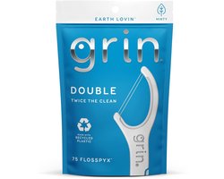 GRIN Double Flosspyx, flossprikkers, - mintsmaak - 75 stuks - 2 lijnen sterke floss, langere flosskop, - Terugvouwbare tandenstoker