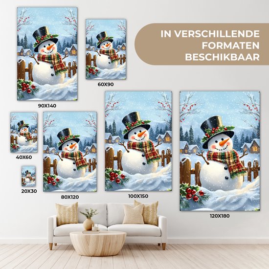 Tableau sur toile 60x90 cm - Décoration murale exclusive Bonhomme de neige - Village d'hiver - Coloré - Décoration murale salon - Décoration chambre - Accessoires de chambre - Peintures sur toile