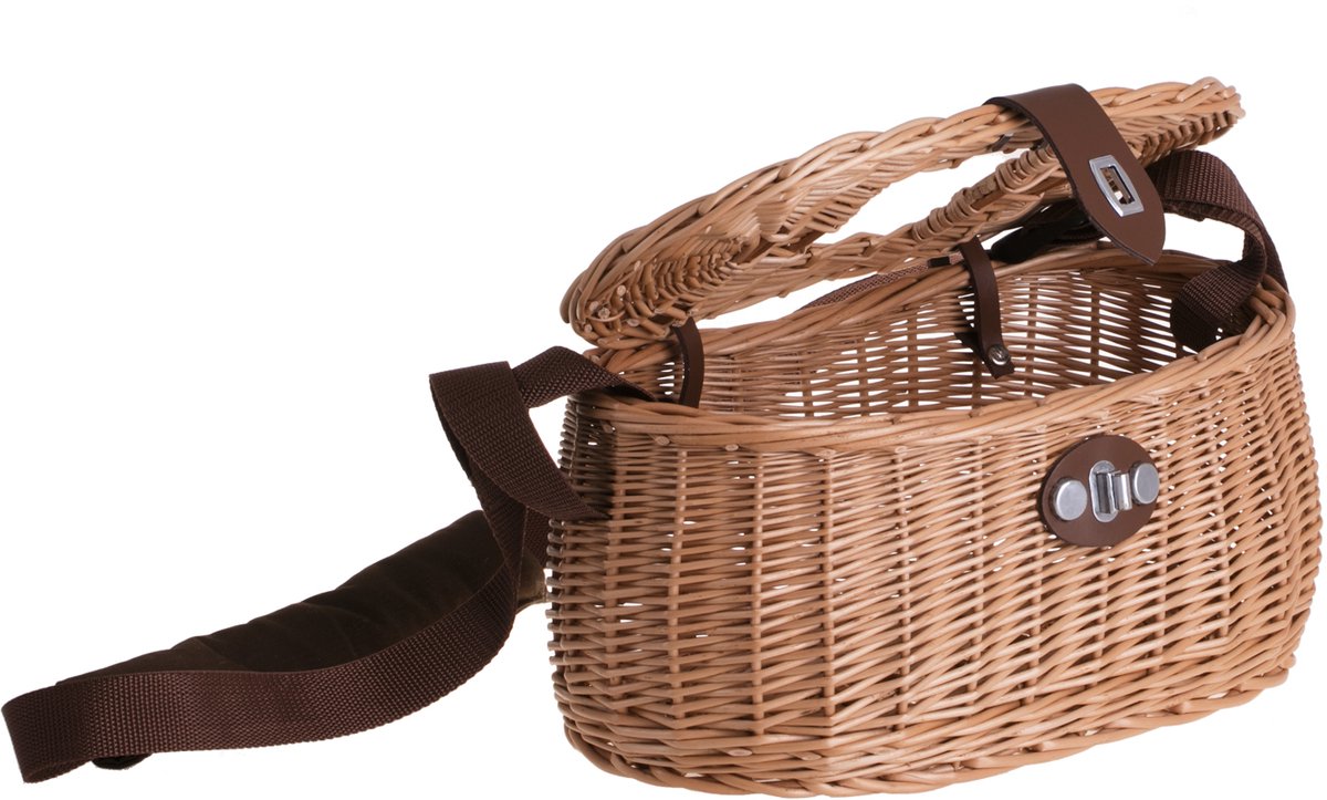 The Wicker Stories – Handgemaakte Europese rieten vismand met leren riem en sluiting – Voor de visserij en buitengebruik – Naturel / Bourgondië