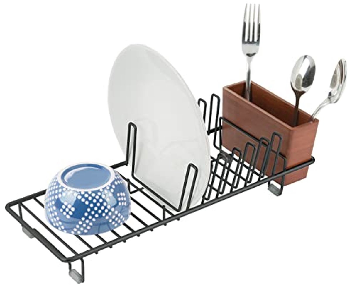 Drainer voor de Keuken - Met Besteklade - Metaal en Bamboe - Zwart/Kersen