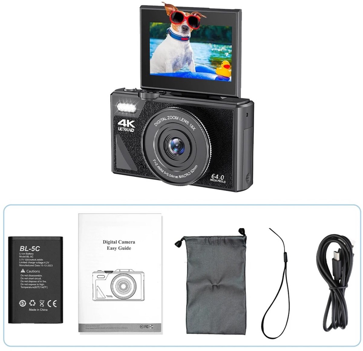 Je Huis 64MP 4K Digitale Camera met WiFi & 3.0" Kantelbaar Scherm – 18x Zoom Vlogcamera & Webcam – Ideaal voor YouTube, Reizen.