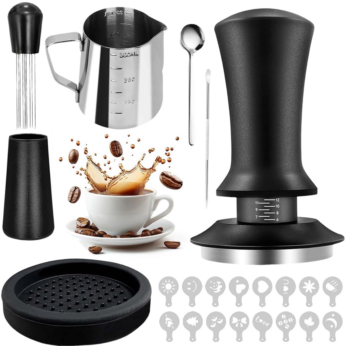Azomor® Complete set voor barista's met espressotamper, melkopschuimer en latte art pen
