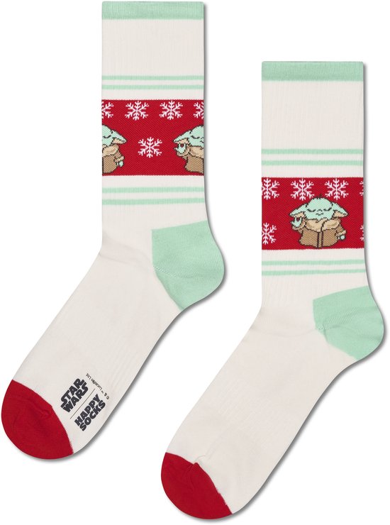 Off-white sokken met mintgroene strepen en rode boorden. De sokken hebben een patroon van Grogu en sneeuwvlokken op een rode band.