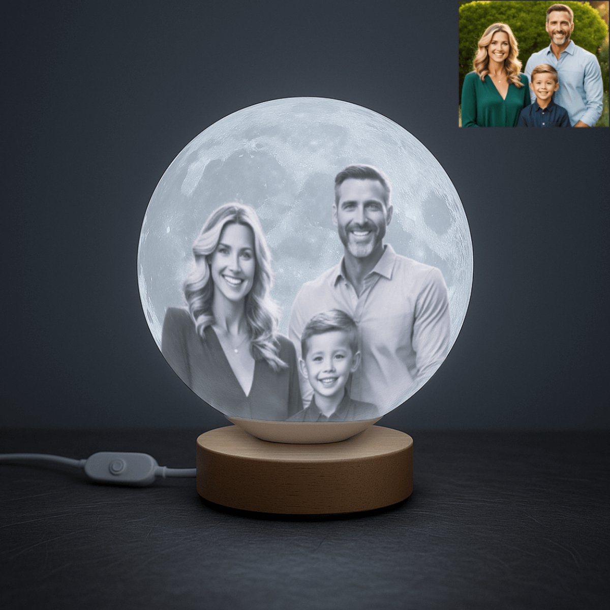Gepersonaliseerd Cadeau - Eigen Foto Maanlamp 3D + Tekst - 13cm - 16 Kleuren met afstandsbediening en snoerschakelaar - Inclusief houten standaard - Tafellamp - Nachtlamp - Rouw Geschenk - Aandenken - Valentijn - Moederdag - Vaderdag