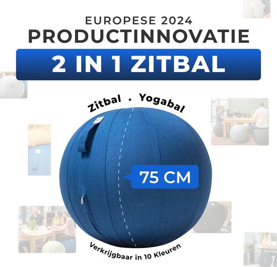 Backerz Zitbal 75 CM - Zitballen met Hoes Linnen - Ergonomische Bureaustoel Kantoor en Thuis - Luxe Yoga Bal - Donker Blauw