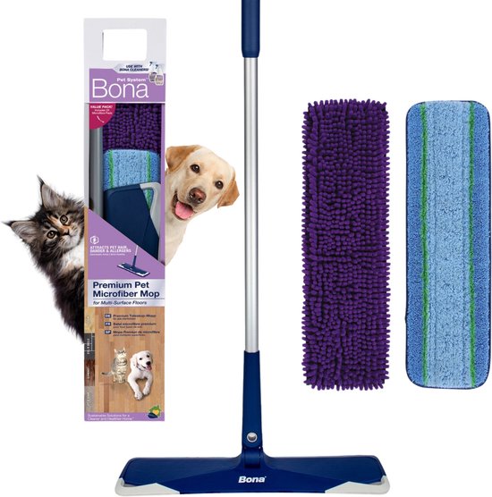 Serpillière microfibres Bona premium pour animaux domestiques. Manche bleu avec tampons violet et bleu. Un chat et un chien regardent depuis l'emballage.