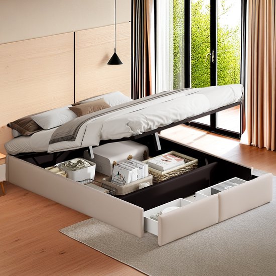 Tweepersoonsbed 160x200 cm – Opbergbed zonder Hoofdeinde, 2 Lade aan Voeteneind, Gestoffeerd in Beige, Modern & Praktisch