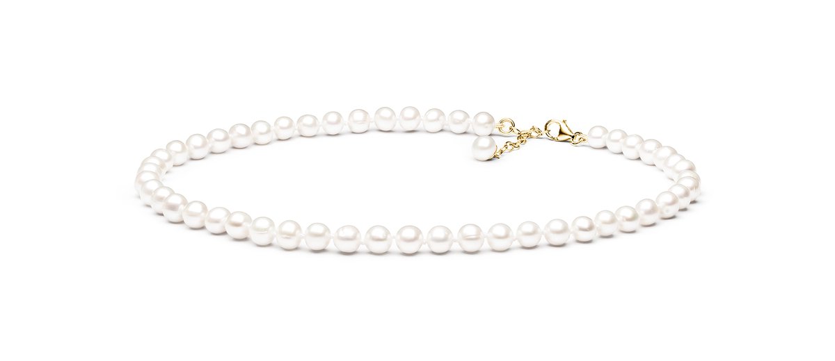 Gaura -Klassiek parelcollier – Lengte 40 cm – Witte ronde gekweekte zoetwaterparels 7–8 mm – Verstelbare 925 zilveren ketting met 14K roségoud plating