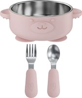 Broemba RVS Baby Bord met zuignap + Baby Bestek - 100% BPA-vrij Kinderservies - Kommetje met Lepel en Vork - Roze Baby Servies