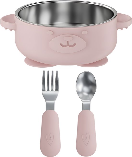 Assiette Bébé en acier inoxydable avec ventouse et Couverts Bébé - Vaisselle pour enfants 100 % sans BPA - Bol avec cuillère et fourchette - Services de table Bébé rose - Broemba®