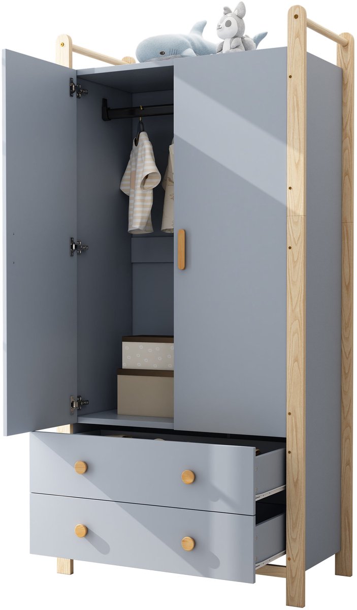 Merax 2-Deurs Kledingkast - Garderobekast met Kledingroede en 2 Laden - Houten Frame - Blauw en Beige - 90x45x180 cm