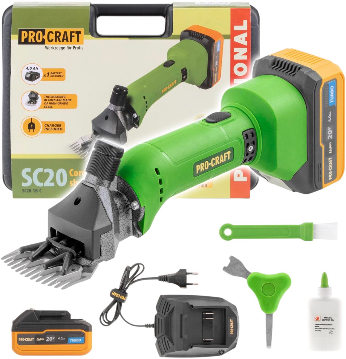 Procraft SC20 accu-schapenscheermachine 20 V 76 mm + 1x accu 4,0 Ah + oplader + koffer