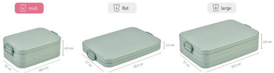 Trois boîtes à lunch vertes Mepal : midi, plate et large, avec leurs dimensions.