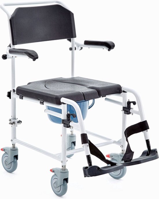 Verrijdbare Douchestoel & Toiletstoel Plaza -Douchestoel En Toiletstoel in 1 Verrijdbare Postoel, 4 geremde wielen - Belastbaar tot 120 kg - Wegklapbare en afneembare voetsteunen - Armleuningen opklapbaar voor transfer - Scootplaza