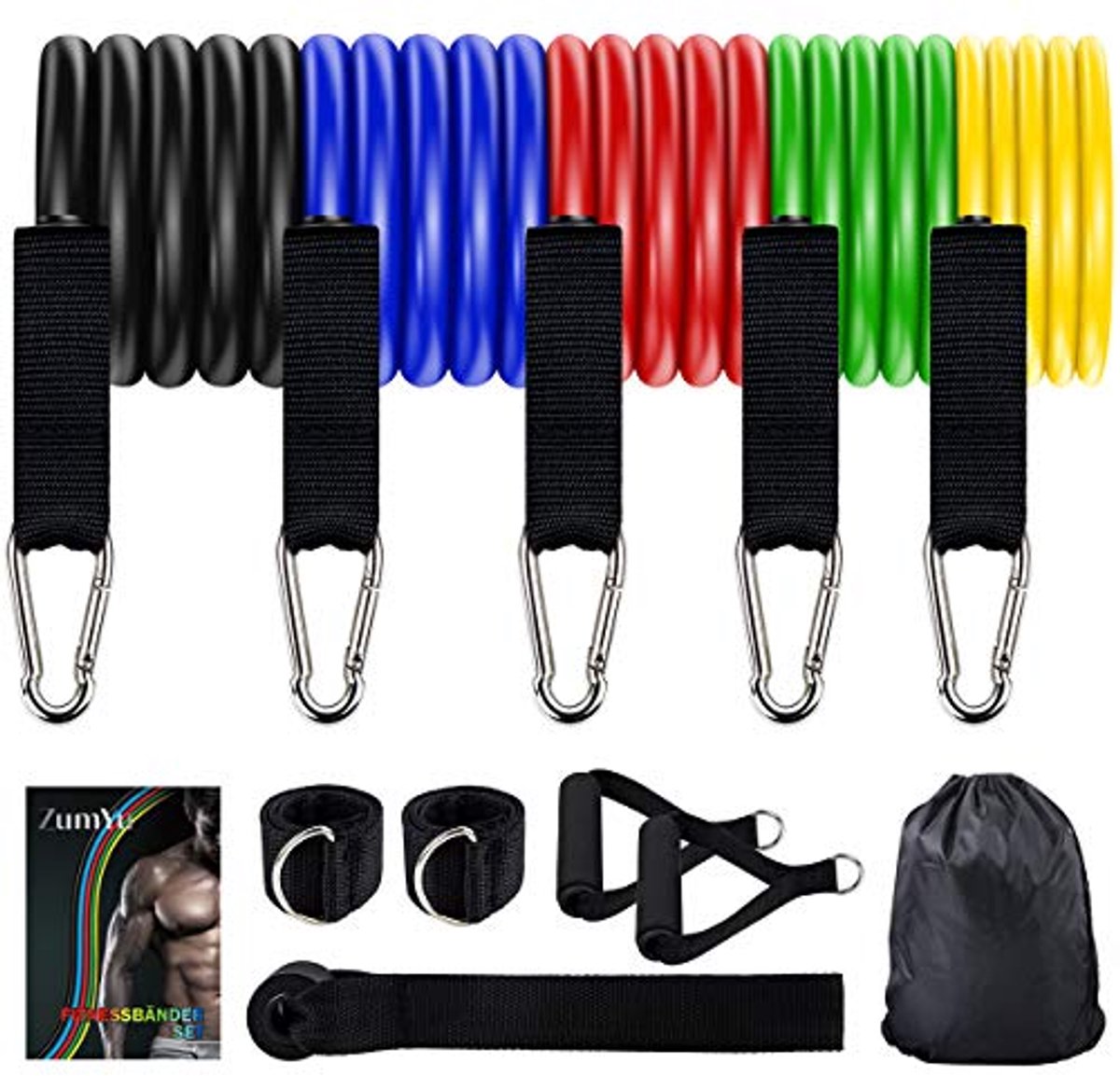Compleet set van 19 weerstandsbanden voor trainingsdoeleinden met verschillende oefenbanden en accessoires