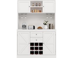 Kast met verstelbare planken & wijnrek, Hoge kast met 4 deuren & 2 lades, Sideboard voor keuken & woonkamer, Buffetkast, Wit