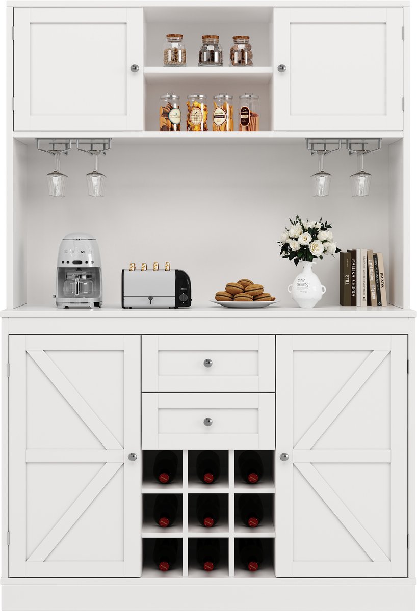 Kast met verstelbare planken & wijnrek, Hoge kast met 4 deuren & 2 lades, Sideboard voor keuken & woonkamer, Buffetkast, Wit