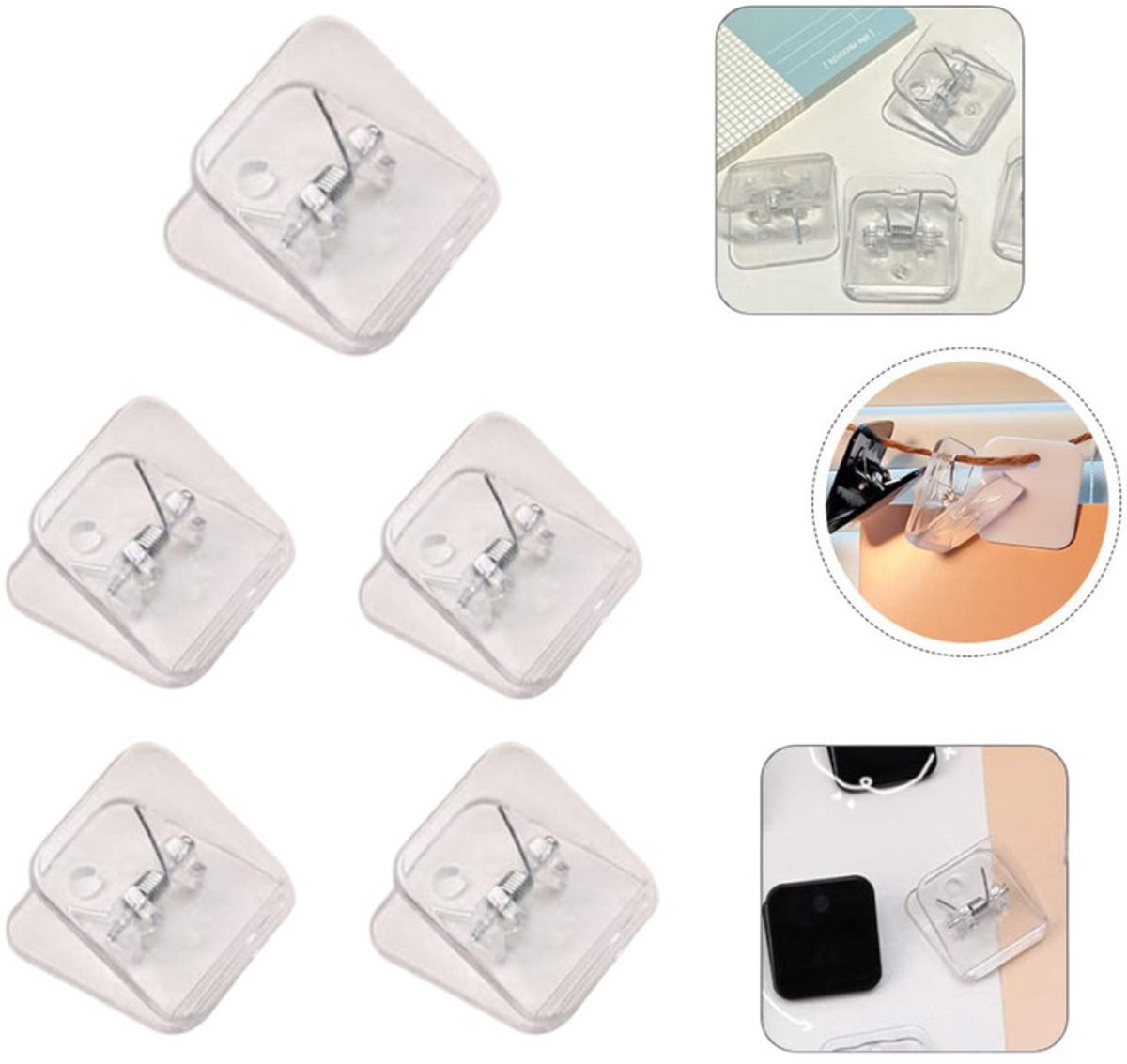 5 stuks - Vierkante notitieboekklemmen - Hoekklemmen van acryl voor examenpapier - Naai-zoomklemmen - Notitieklemmen - Kleine studentenbenodigdheden - Studentenpaperclips - Plastic paperclips - Bindklemmen - Transparant