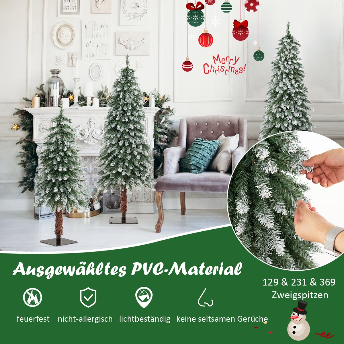 COSTWAY Kunstkerstboom, 3-delig, 90 + 120 + 150 cm, Kerstboom met sneeuw en warm witte ledlampen, smalle dennenboom met metalen standaard, besneeuwde Kunstboom, pvc-naalden, groen – foto 5