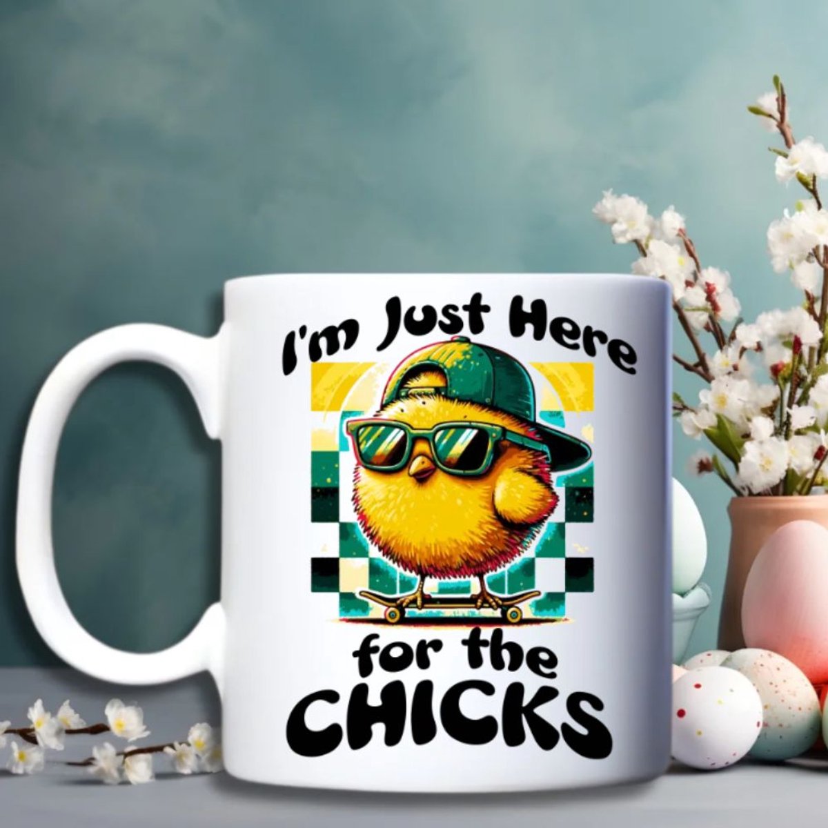 Grappige Mok – I’m Just Here for the Chicks – Humor Beker met Kuiken – Origineel Cadeau - Pasen