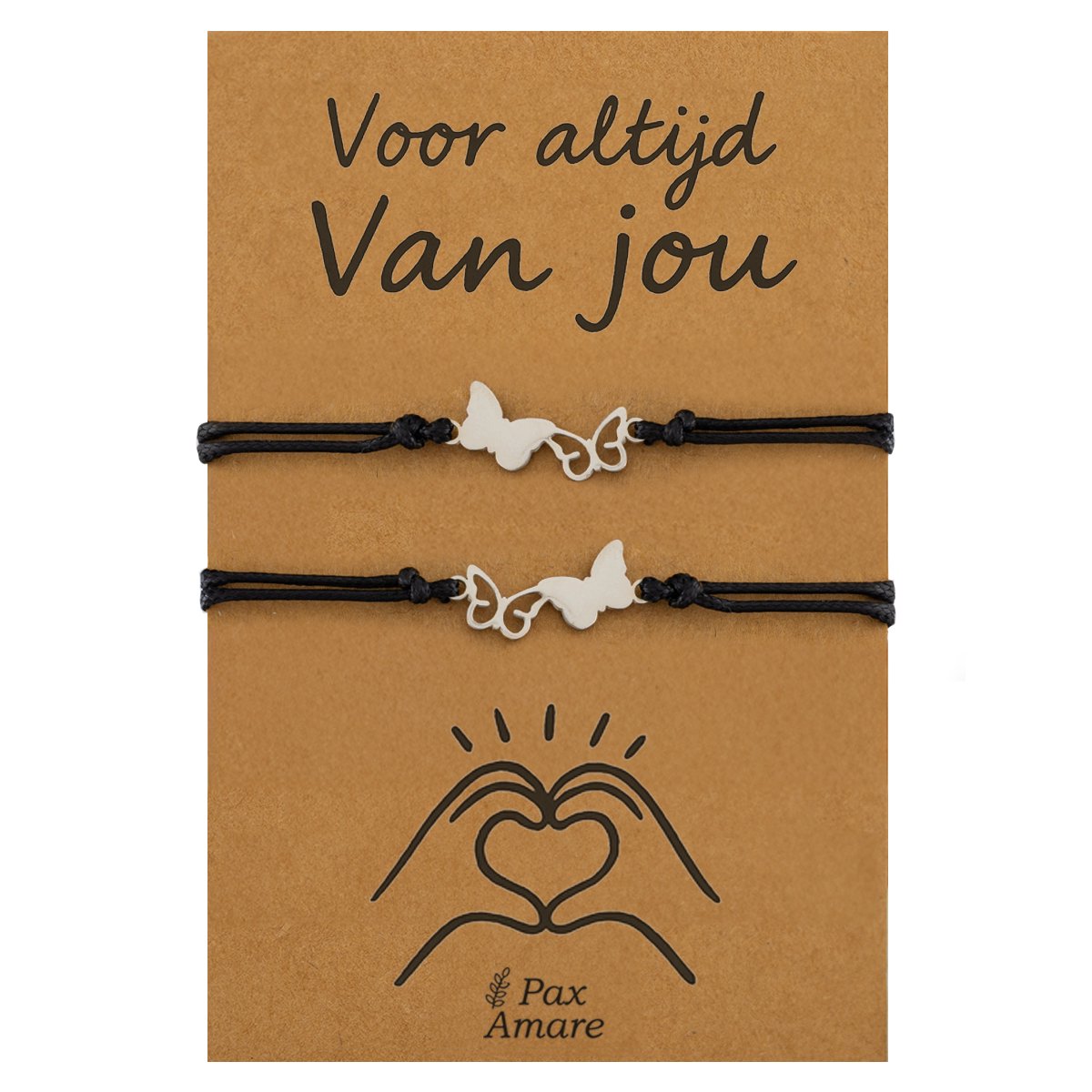 Koppel Armbandjes voor 2 "Voor altijd van Jou" - Vlinders - Vriendschapsarmbandjes met Valentijn Cadeau Kaartje - Zilverkleurig - Elastisch Verstelbaar - Pax Amare