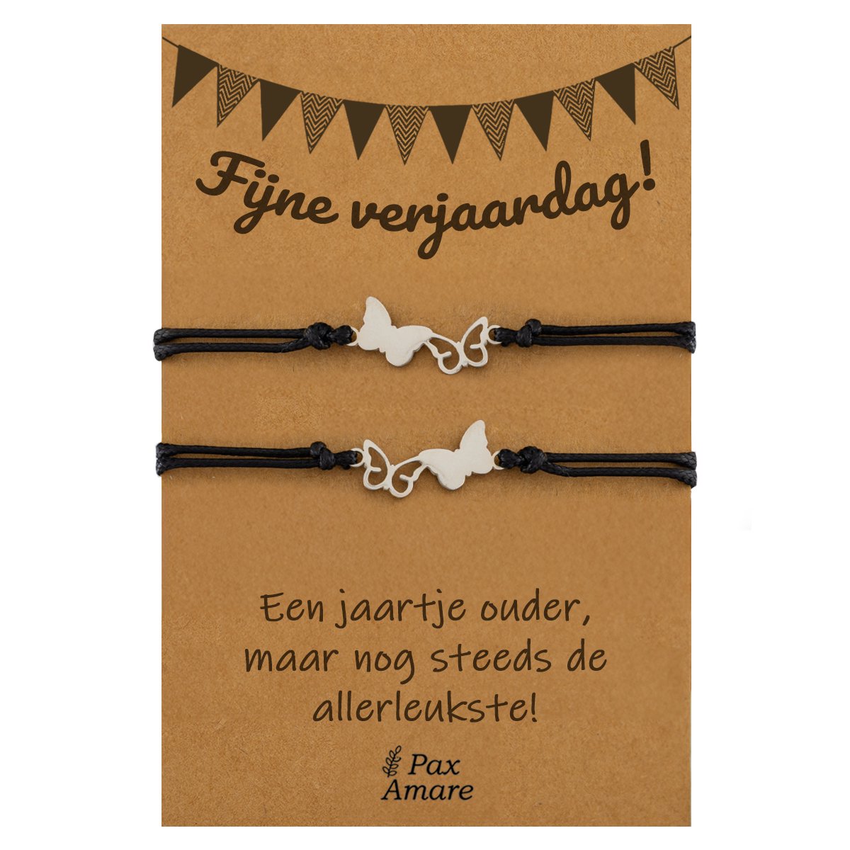 Vriendschapsarmbandjes voor 2 "Fijne Verjaardag" - Vlinders - BFF Armbandjes met Persoonlijk Cadeau Kaartje - Zilverkleurig - Elastisch Verstelbaar - Pax Amare