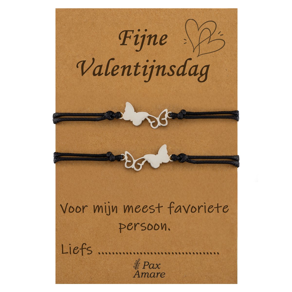 Koppel Armbandjes voor 2 "Fijne Valentijnsdag" - Vlinders - Vriendschapsarmbandjes met Persoonlijk Cadeau Kaartje - Zilverkleurig - Elastisch Verstelbaar - Pax Amare