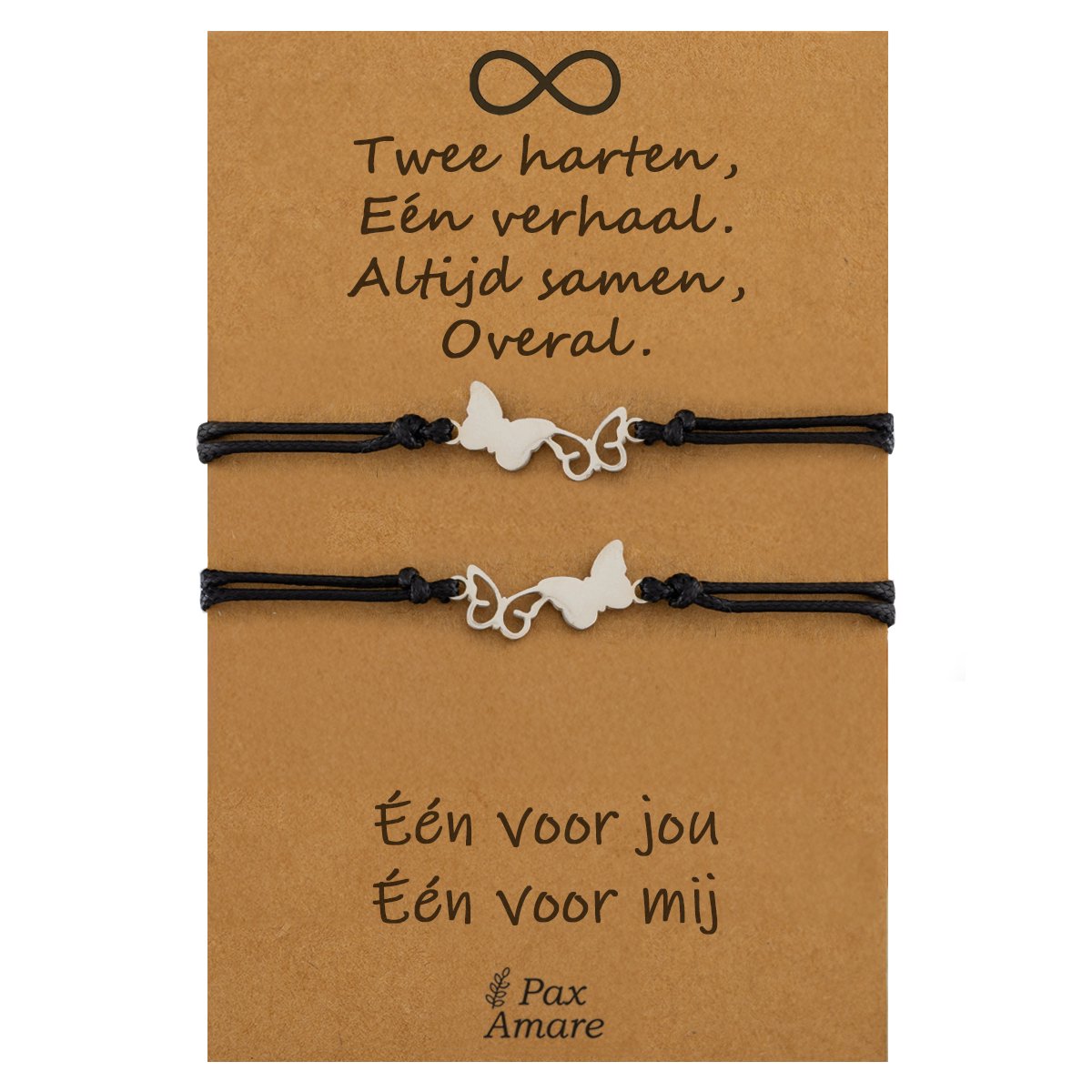 Vriendschapsarmbandjes voor 2 " Twee Harten, Een Verhaal ∞" - Vlinders - BFF Armbandjes met Persoonlijk Cadeau Kaartje - Zilverkleurig - Elastisch Verstelbaar - Pax Amare