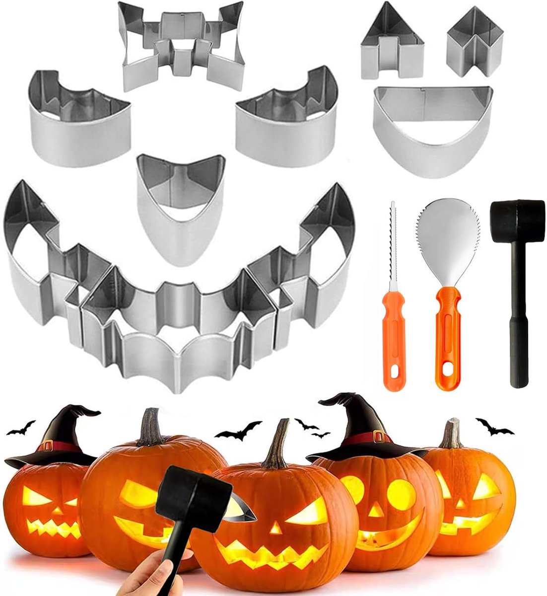 Halloween pompoen snijgereedschap, Pompoen sculptuur set, 13 stuks roestvrijstalen Halloween-sculptuurgereedschap, pompoen sculptuurset, Halloween-decoratie met patronen, pompoen graveergereedschap, Perfect Cadeau Voor Halloween - Cyslmuk®