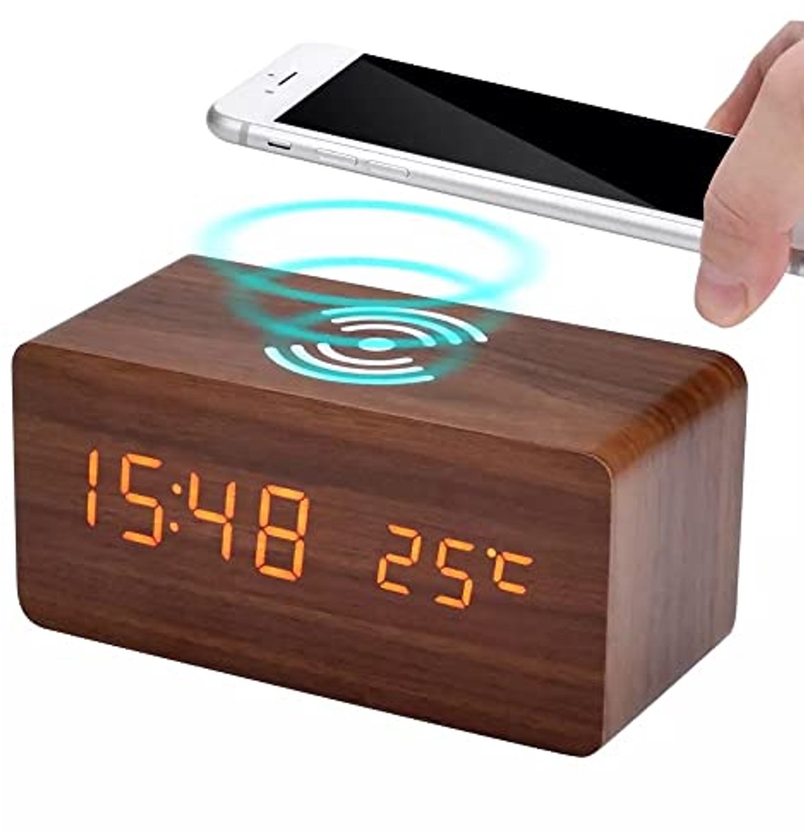 Houten digitale wekker met Qi draadloos opladen en temperatuurweergave