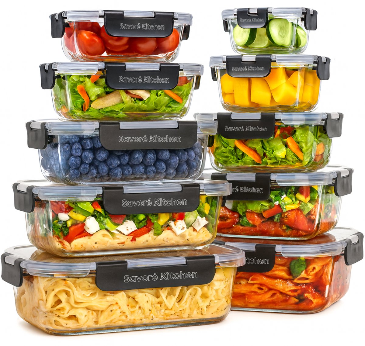 Savoré Kitchen Vershoudbakjes Glas 10 stuks – Stapelbaar - Luchtdicht – Meal Prep Bakjes - Diepvriesbakjes set — afbeelding 1