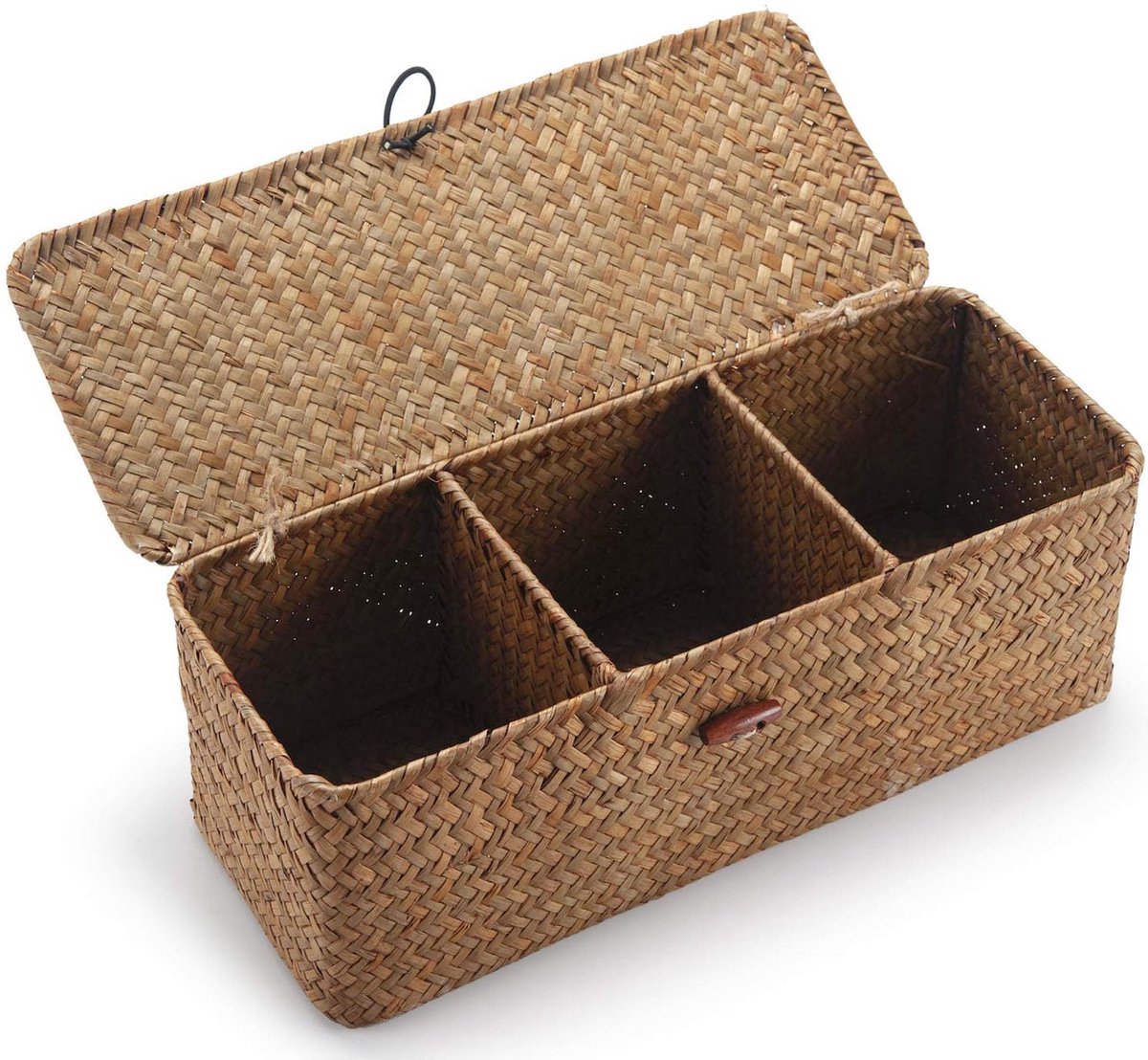 Azomor® Grote badkamer opbergmand van zeegras met deksel en drie vakken