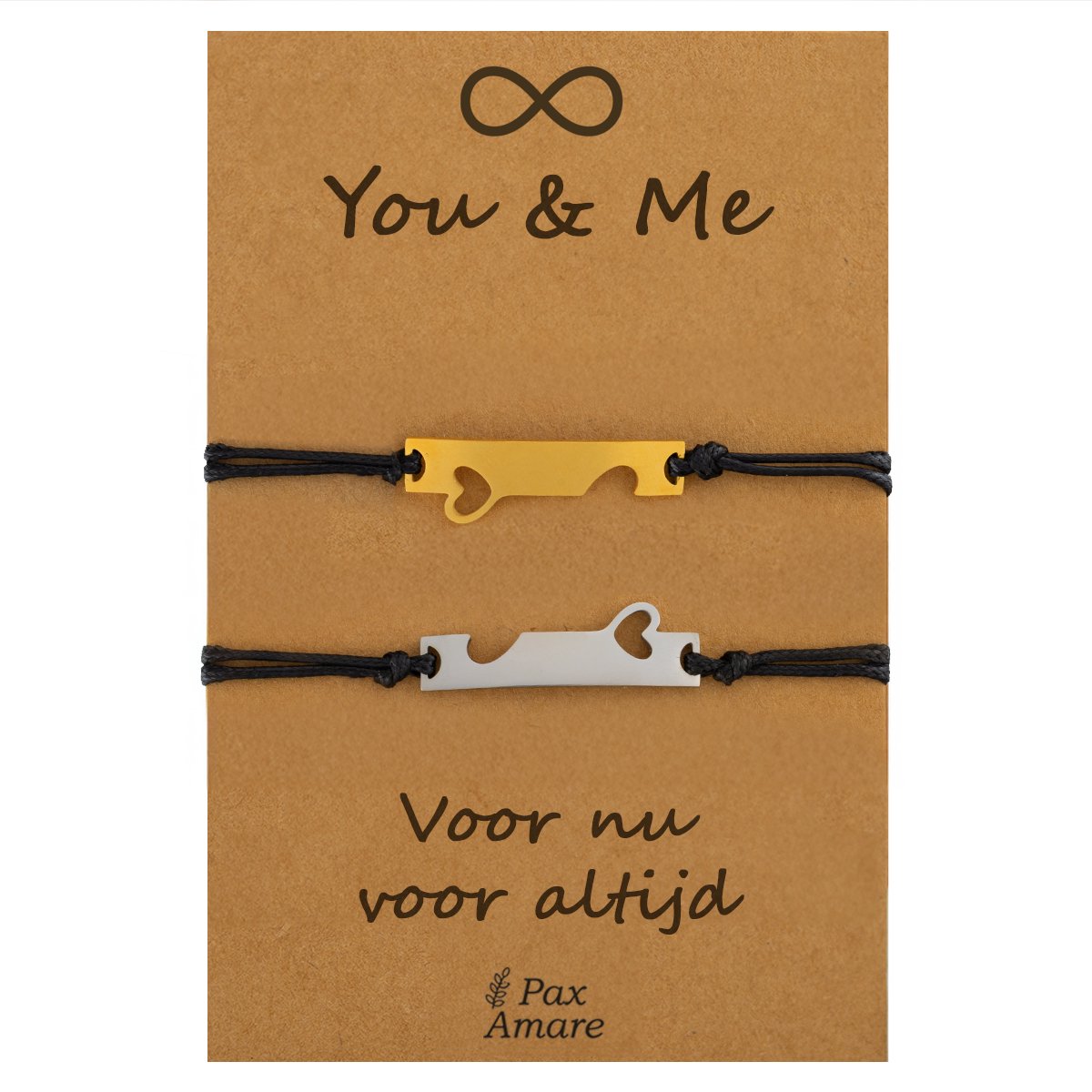 Vriendschapsarmbandjes voor 2 " You & Me ∞" - Aangesloten Hartjes - BFF Armbandjes met Persoonlijk Cadeau Kaartje - Zilverkleurig & Goudkleurig - Elastisch Verstelbaar - Pax Amare