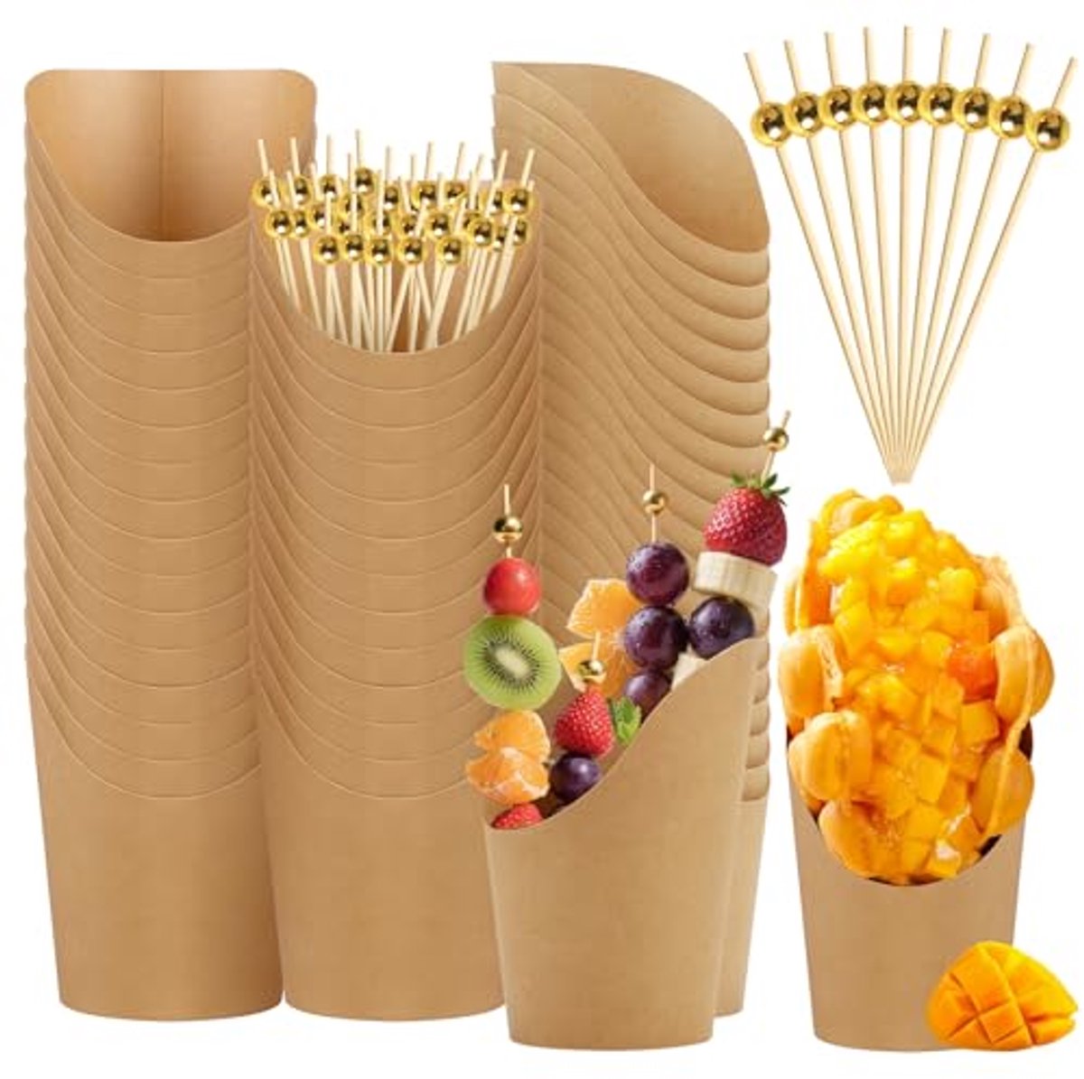 30 stuks kraftpapieren bekers met 100 sticks voor snacks en desserts